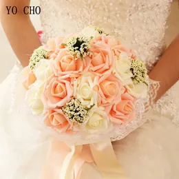 Decorative Flowers Wreaths YO CHO Bridal Wedding Bouquet Bridesmaid Artificial PE Rose Flower Fake Pearl Pink Supplies Festival Decorations 230809