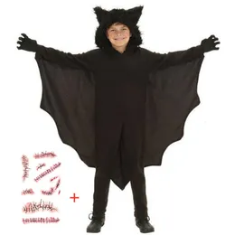 Speciella tillfällen bat hooded kostym halloween anime svart deluxe jumpsuit för barn spel cosplay carnival handskar kläder 230810