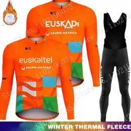 Bisiklet Jersey Setleri Kış Euskaltel Euskadi Takımı Bisiklet Jersey Set Turuncu Giyim Takım Erkek Uzun Kollu MTB Bisiklet Yol Pantolon Bib Ropa Maillot 230809