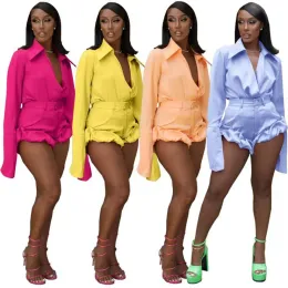 Designer Tracksuits Women Fall Long Sleeve Wid Down Collar Shirt Shorts Two Piece Set Solid Outfits Office Lady Suits Bulk grossistkläder