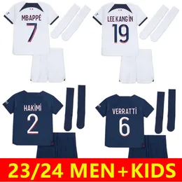 キッズ2023 2024サッカーキットMbappe Lee Kang In Soccer Jerseys 23/24 Home Dembele Markeinhos Sergio Ramos Hakimi Kimpembe Uniform Kids Footbal Kit