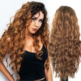 26 Ginger Curly Wig Long Wavy Wigs for Women Synthetic Ombre Brown Dark Roots Fluffy Wave Hairstyle for Sexy Girl Wig