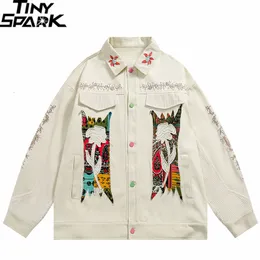 Mensjackor Vintage White Denim Jacket Men Hiphop Streetwear Retro Graphic Flower Brodery Jean Cotton Harajuku Floral Coat 230810