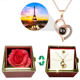 Wedding Jewelry Sets Projection Necklace With 360° Rotating Rose Gift Box 2023 In Creative Trendy Heart Pendant For Women Christmas 230809