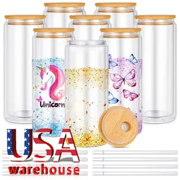USA CA Warehouse 16ozpre-prilled wall double blanks snowglobe beer beer can tumbly مع أغطية الخيزران
