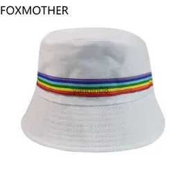 Wide Brim Hats Bucket Hats FOXMOTHER New Women Bucket Hats Black White Solid Color Rainbow Fisherman Hats 2021 New HKD230810