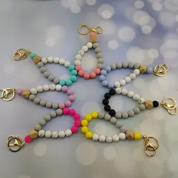 Silicone Beads Keychain Jewelry Tassel String Bracelet Bangle Food Grade Silica Gel Keys Chain Party Favor Tassels Pendant Wooden ZZ