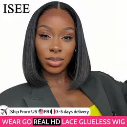 Synthetic Wigs Wear And Go Glueless Human Hair Wig Bob ISEE HAIR Malaysian Straight Short Bob 6x4 Lace Front Pre Plucked Human Wigs Ready To Go 230809