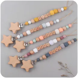 Ny baby Pacifier Clip Chain Personligt namn Diy Star Wood Silicone Teethers Dummy Nipple Holder Clips Toething Toy