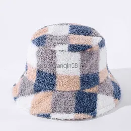 Wide Brim Hats Bucket Hats Autumn/winter matching grid fisherman hat versatile casual flat cap basin hat lamb hair thickened warm bucket hat HKD230810