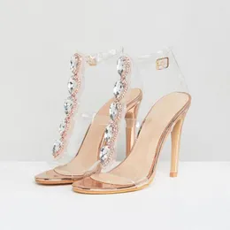 Dress Shoes Moraima Snc 2023 Summer Stiletto Heels Large Size Transparent PVC Rhinestone Simple Ladies Sandals