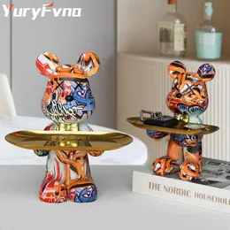 Decorative Objects Figurines YuryFvna Graffiti Bear Figurine Home Decoration Animal Statue Keys Storage Shelf Modern Room Sculpture Table Decor Statues 230810