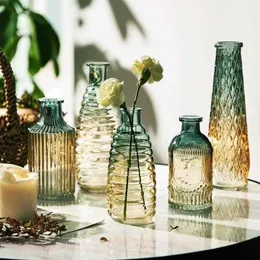 Retro wytłaczane przezroczyste dekoracyjne wazon salon gradientowy kolor domowy Ozdoby kwiatowe Hydroponiczne szklane wazon HKD230810