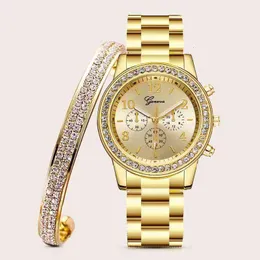 Other Watche Watch Bangle for Women Bracelet Crystal Luxury Simple Gold Set Jewelry 2pcsset Gifts 230809