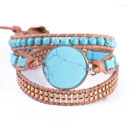 Strand Multilayers Women Leather Wrap Armband Wturquoises Rhinestone Pärled 3x Boho smycken grossist