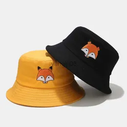 Wide Brim Hats Bucket Hats Cotton Cute Cartoon Fox Embroidery Panama Bucket Hat Men Women Hip Hop Fishing Cap Adult Panama Bob Hat Summer Lovers Flat Hat HKD230810