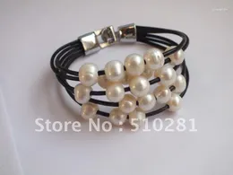 Link Bracciali 15 pezzi Polsino alla moda - 7,5 '' Cordoncino in pelle nera con braccialetto di perle d'acqua dolce bianche da 9-10 mm