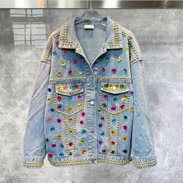 Men's Jackets Top Quality Trendy Heavy Industry Diamond Inlaid Color Coat Women Denim Jacket Fashion Style Hip Hop Ripped Jeans 230809