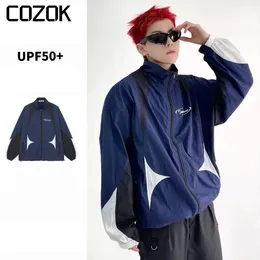 Mens Jackets American Vintage UPF50Sunscreen Jacket Men Patchwork Letter Print Harajuku Unisex Zipper Causal Streetwear Thin Outwear Summer 230810