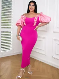 플러스 사이즈 드레스 여성용 플러스 크기의 퍼프 슬리브 3XL 4XL 오프 어깨 자홍색 패치 워크 이브닝 칵테일 이벤트 파티 의상.