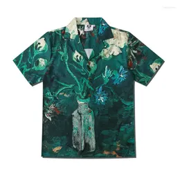 Erkekler Sıradan Gömlekler 2023Summer Erkekler Sanat Vazo Yağ Baskı Gömlek Moda Kısa Kollu Hawaiian Harajuku Plajı Kemez Homme Luxe Haute Nitelik