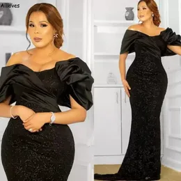 Artı Boyut Siyah Papalı Parlak Denizkızı Giyim Arapça Aso Ebi Omuzdan Zarif Saten Dönen Özel Durum Özel Durumu Gowns İnce Fitted Vestidos Cl2693