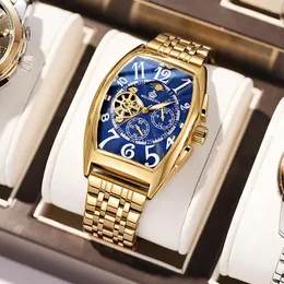 Нарученные часы Fashion Gold Blue Tonneau Tourbillon Автоматические самостоятельные механические часы мужчины из нержавеющей стали часы саати