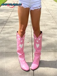 Сапоги аосфрайлиан розовый сердечный коленый ковбойский сапоги для женщин для женщин ретро -лоскут шить цветочные западные ботинки 230809