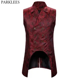 Men's Vests Wine Red Paisley Jacquard Long Vest Men Double Breasted Lapel Brocade Vest Waistcoat Mens Gothic Steampunk Sleeveless Tailcoat 230809