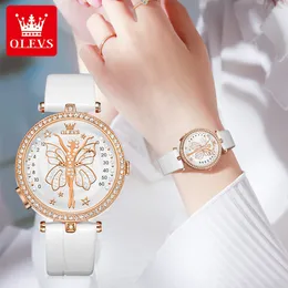 Relógios de pulso Olevs 5576 Diamond Dial Angel Wings Design Movimento Importado Quartz Relógios Femininos Moda Genuína Pulseira de Couro 230809