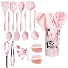 Cooking Utensils Pink 18Pcs Food Grade Silicone Kitchen Cookware Turner Spatula Measuring Spoon Practical Tool Kitchenware Set 230809
