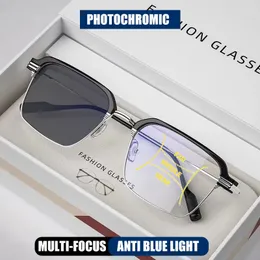 Станки для чтения Huing Retro Square Frame Progressive Pochromic Multifocal Glasses Men Women Anti Blue Ray Tr90 Presbyopic очки 230809