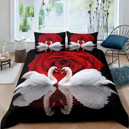 Sängkläder sätter Swan Däcke Cover Black and White Queen Bird Comporter Microfiber Romantic Flower Wild Animals Quilt 230809