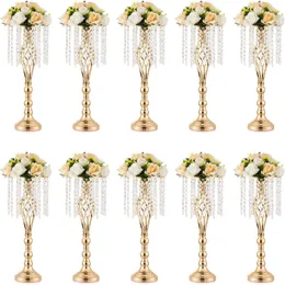 Wazony 6pcs 55 cm złoty wazon na ślub metalowe stojaki kwiatowe dekoracje stołowe z kryształami żyrandola 230810