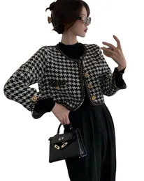 New design women's o-neck houndstooth plaid grid long sleeve high waist short woolen tweed jacket SMLXL