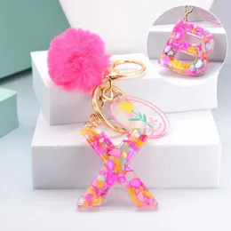 Kawaii 26 Letters Key Chains For Women Purse Handbags Charms A To Z Resin Alphabet Initials Pendant With Pink Pompom Flower
