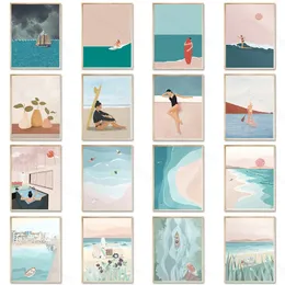 Malarstwo płótna Seascape plażowa desca surfingowa Lifebuoy Surf Girf Girl Plakat i nadruk Nordic Wall Art Wall Pictures for Living Girl Decor Brak ramy WO6