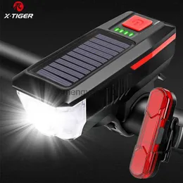 Cykelbelysningar X-Tiger Solar Cykelljus 3-läge Vattentät cykel Front Light Flashlight Lamp Cykeltillbehör USB Laddningsbar cykelljus HKD230810