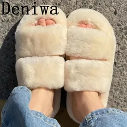 Slippers Autumn Women Flat Peep Toe With Warm Lovely Flip Flops Runway Designer Thick Sole Slip On Female Outside Sock Shoe