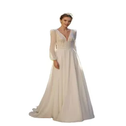 Abito da sposa 2023 Nuovo abito da sposa sexy con scollo a V a maniche lunghe di lusso con abiti da sposa classici da spiaggia eleganti in chiffon strascico208c