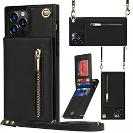 Läderplånbok Telefonfodral med Crossbody -kedja för iPhone 15 14 13 11 12 Pro Max Mini XS XR X 6 7 8 Plus SE Kreditkortshållare Slot Dragkedja Pocket Purse handledsband fall täcker