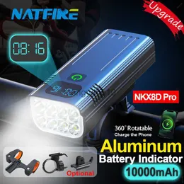 Luzes de bicicleta NATFIRA 10000mAH Indicador de bateria digital leve da bateria USB Luz de bicicleta recarregável com 3 suportes 7000lm 8 lanterna LED HKD230810