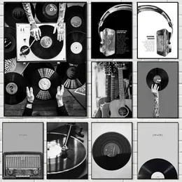 Music Vinyl Record Posters Wall Art Black and White Picture Vintage Headphone Lyrics Canvas Painting Prints Music Studio Living Room Decor No Frame Wo6