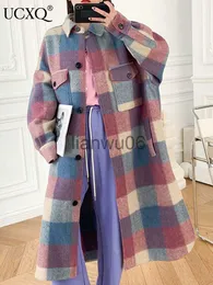 Women's Jackets UCXQ Retro Plaid Contrast Color Long Sleeves Lapel Woolen Coat For Women 2023 Autumn New Temperament Single Breasted Female Coat J230810