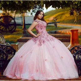 Pink Tulle Quinceanera klänningar Floral 3D Flowers Applique Off the Shoulder Corset Back Sweet 16 Dress Graduation Pageant Gowns 328 328