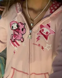 Herrtröjor tröjor koreanska tecknad mönster rosa söt zippered hoodie y2k harajuku street mode casual löst passande parjacka Z230810