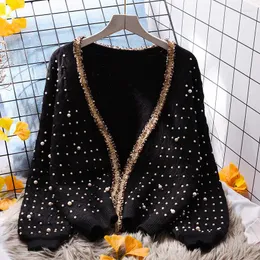 Women's Knits Autumn And Winter Fashion Pearl Rhinestone Beads Thick Cardigan Sweater Women Short Jacket Long Sleeve Knitted Coat