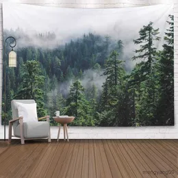 Tapestries Misty Forest Tapestry Foggy Mountain Wall Hanging Magical Tree Tapestries Nature Woodland Mural Blanket Decor Background Cloth R230810