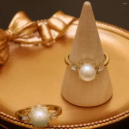 Wedding Rings Natural Freshwater Pearl Sunflower Shape Ring Adjustable Opening Size For Women Charm Jewelry Party Gift