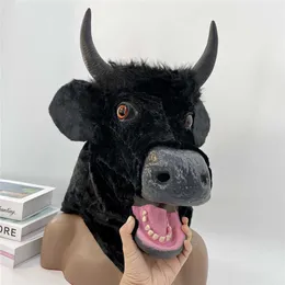 Halloween Realistic Moving Mouth Horn Mask Horror Black Cow Gray Wolf Plush Headsuit Carnival Masquerade Party Animal Props HKD230810